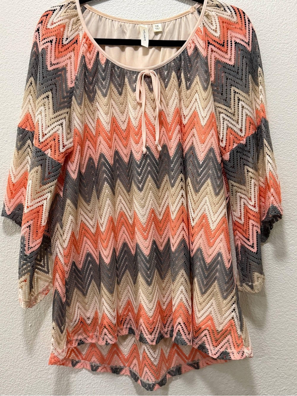 Tacera tan multi crochet lace blouse, lined, bell sleeves, 2X